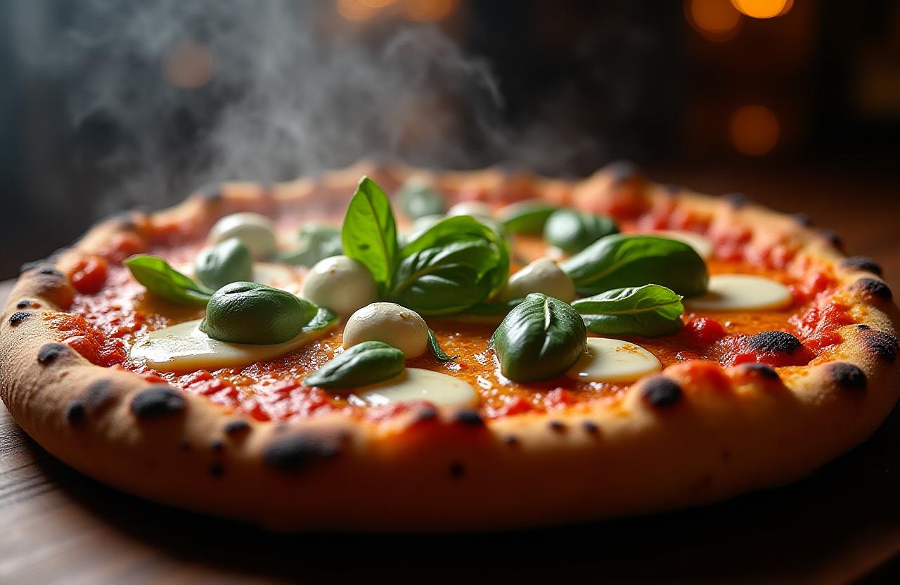 Artisan sourdough pizza with steaming toppings