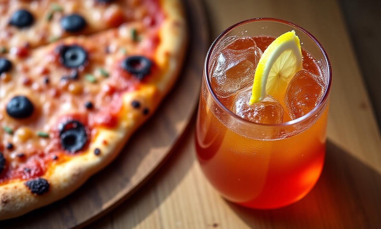 A refreshing craft soda next to a gourmet Borealis pizza