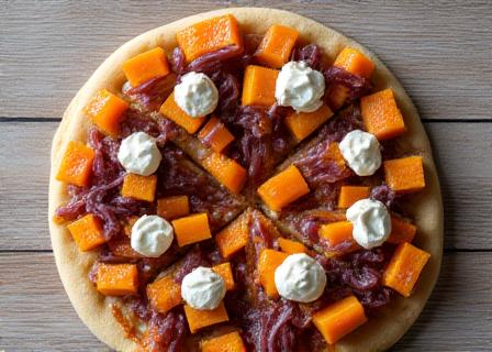 Vegan pizza with roasted vegetables and cashew cream