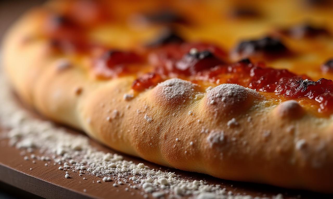Macro shot of a bubbly, golden-brown charred sourdough pizza crust